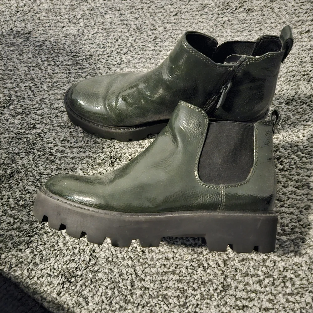Franco Sarto Glossy Olive Patent Chelsea Lug Booties